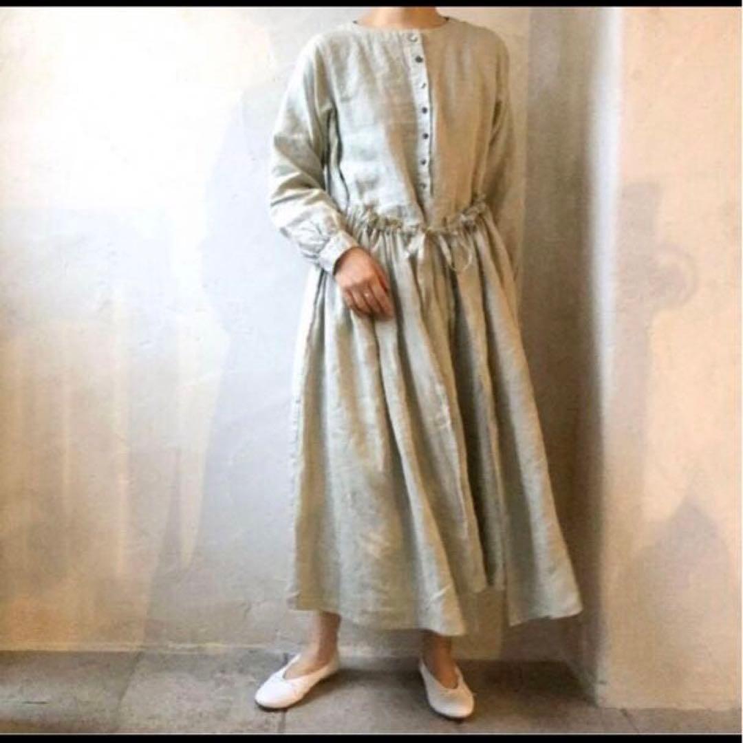 極美品★nest Robe★リネン 近江晒し 重ねギャザーワンピース★春グリーン