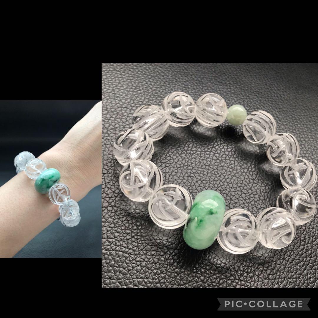 ビルマ翡翠、平安ボタンと天然水晶、16.4cm