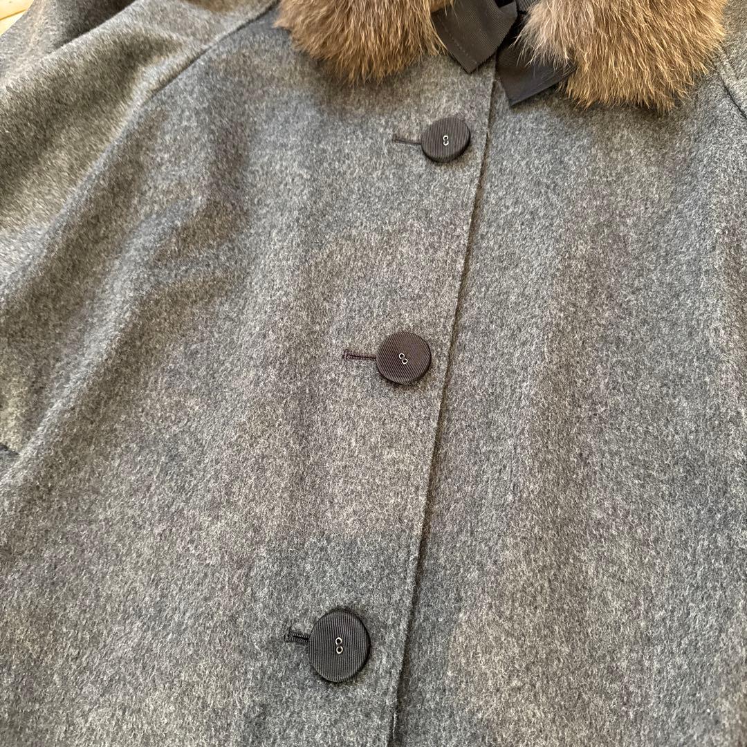 【LANVIN en Bleu】グレー ウールコート フォックスファー付き　美品