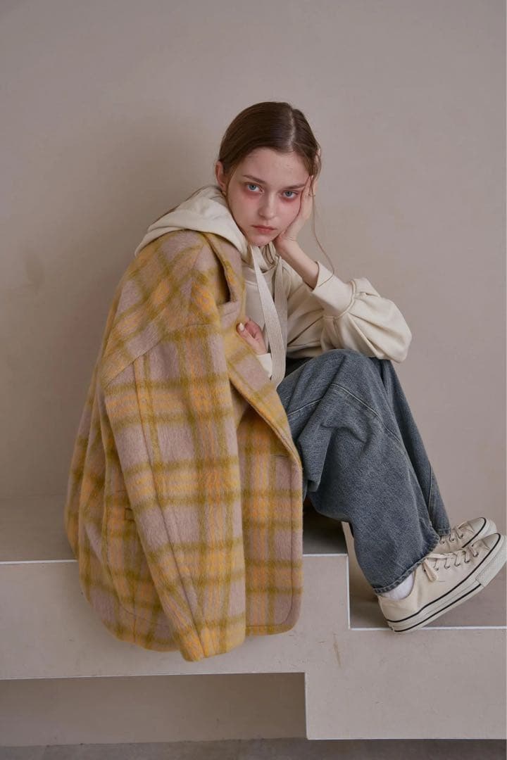 pinue シャギーチェックコート（YELLOW）