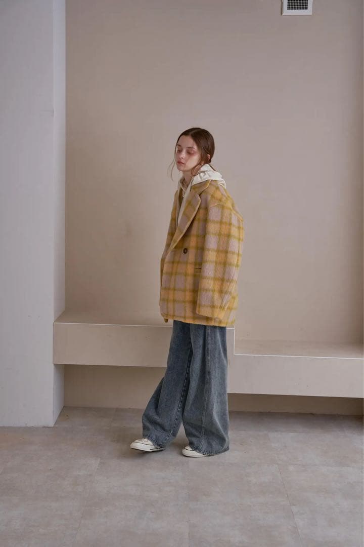 pinue シャギーチェックコート（YELLOW）