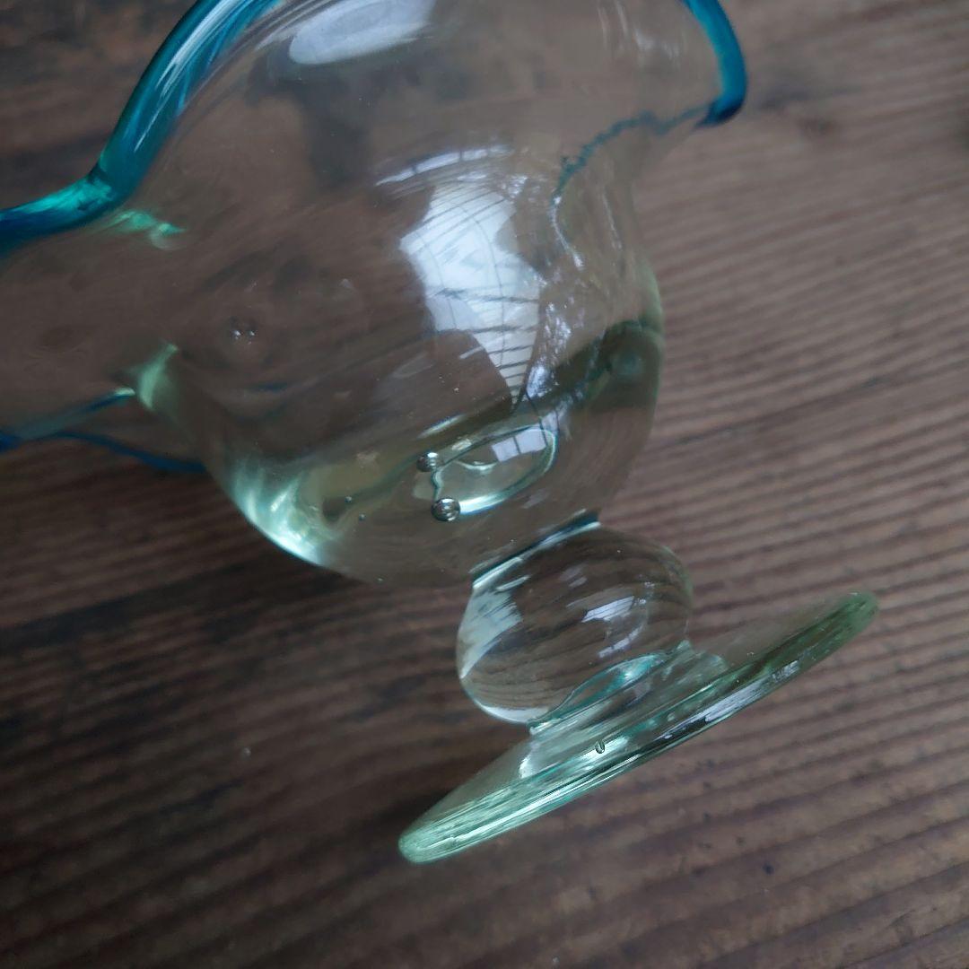 【ご成約】水色 花縁 碗形 氷コップとガラス匙、プレス皿 骨董の器 おまとめ