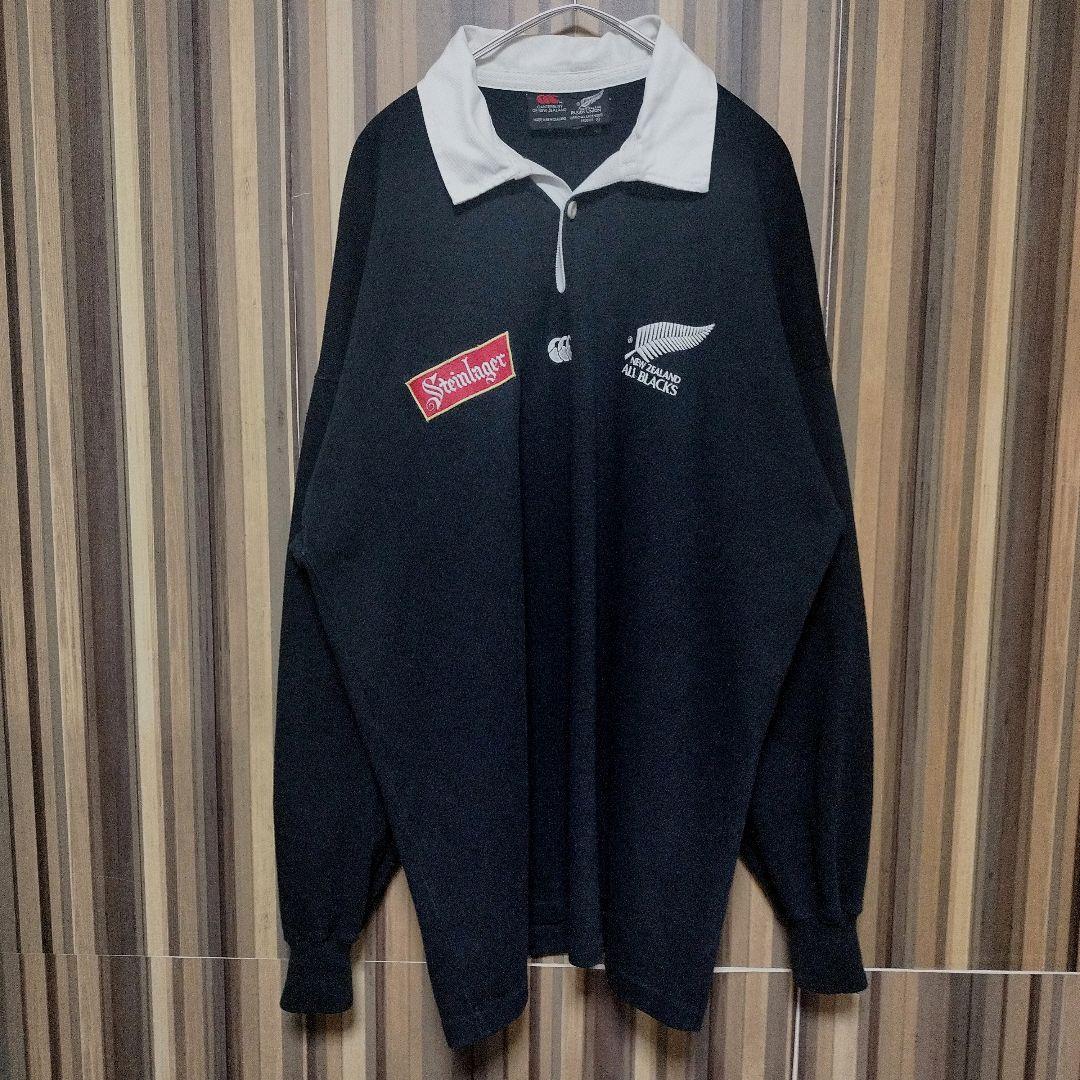 90s カンタベリー オールブラックス 刺繍ロゴ 長袖 ラガーシャツ L 黒色