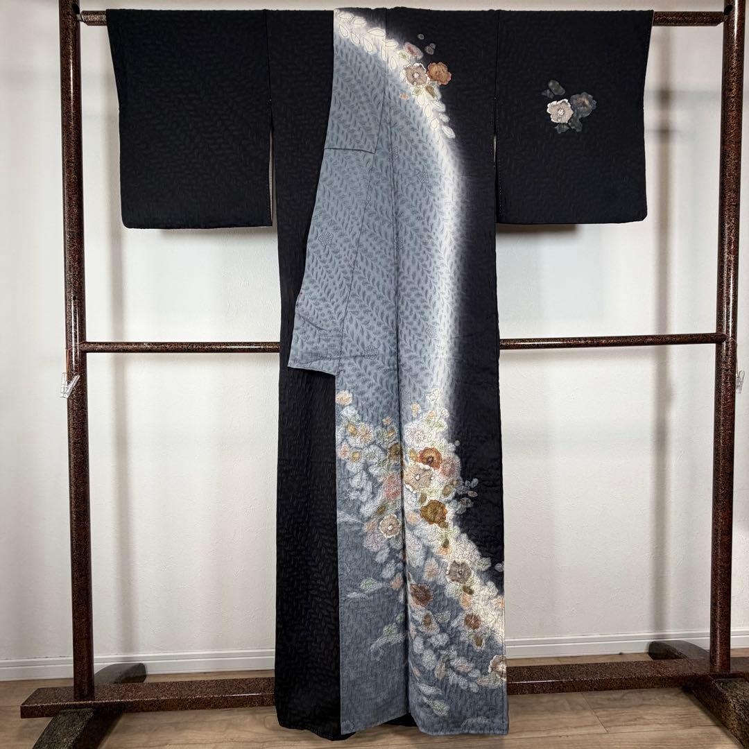 超美品　正絹　袷　訪問着　付け下げ　着物　辻ヶ花　膨れ織　黒　墨色　162裄69