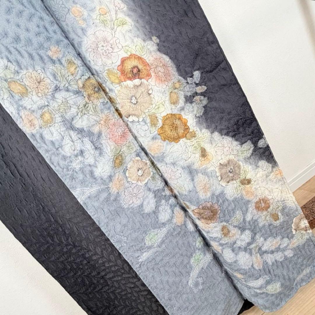 超美品　正絹　袷　訪問着　付け下げ　着物　辻ヶ花　膨れ織　黒　墨色　162裄69