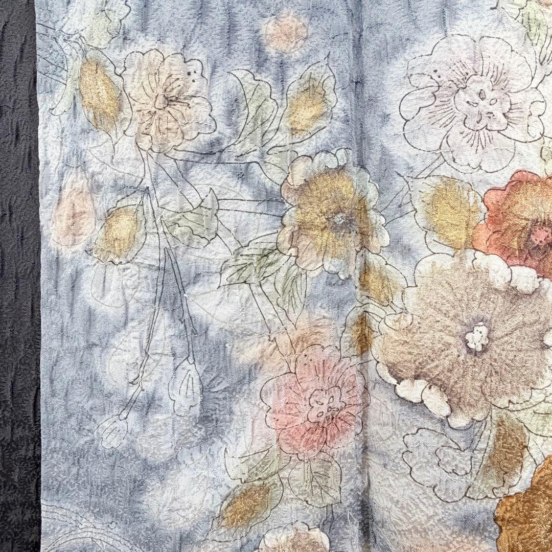 超美品　正絹　袷　訪問着　付け下げ　着物　辻ヶ花　膨れ織　黒　墨色　162裄69