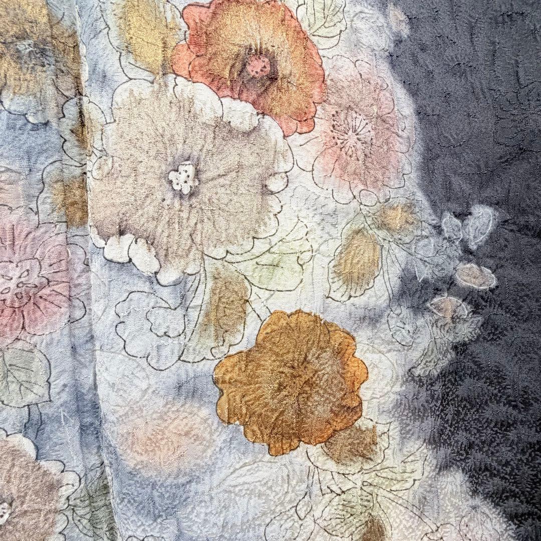 超美品　正絹　袷　訪問着　付け下げ　着物　辻ヶ花　膨れ織　黒　墨色　162裄69