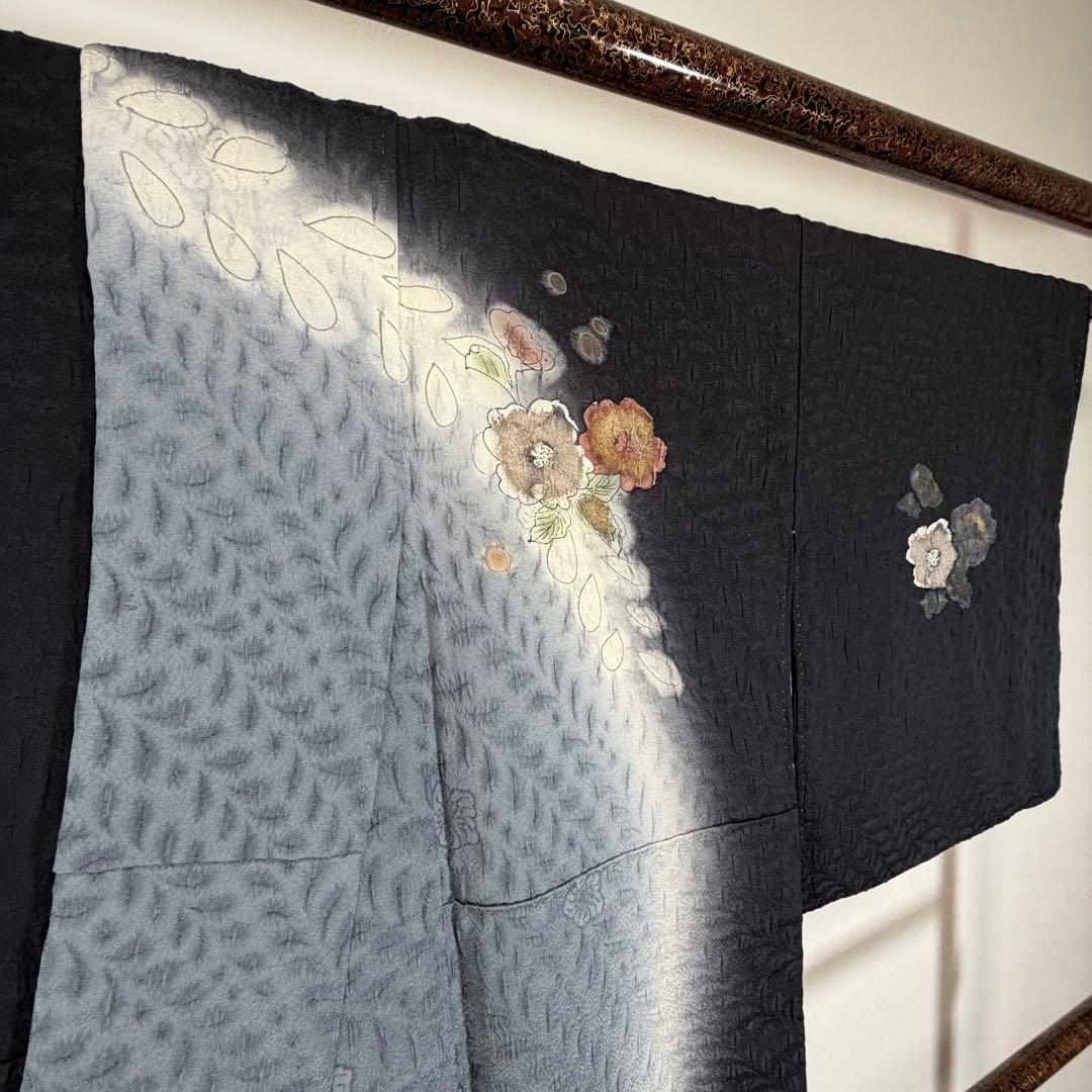 超美品　正絹　袷　訪問着　付け下げ　着物　辻ヶ花　膨れ織　黒　墨色　162裄69