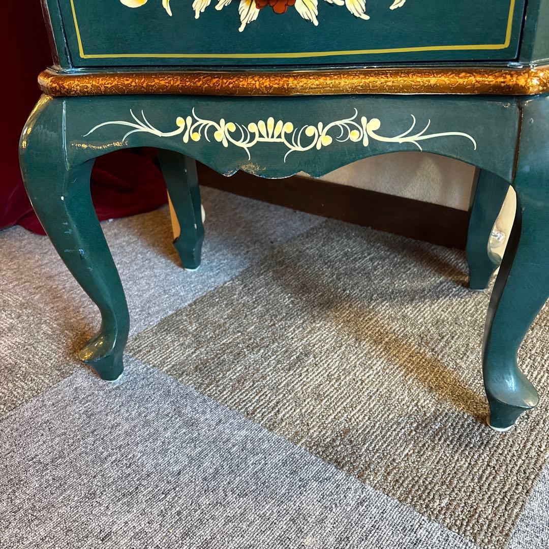 ロココ調チェスト ダークグリーン 2段引き出し　時計付き