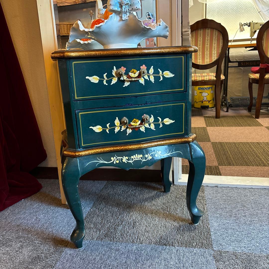 ロココ調チェスト ダークグリーン 2段引き出し　時計付き