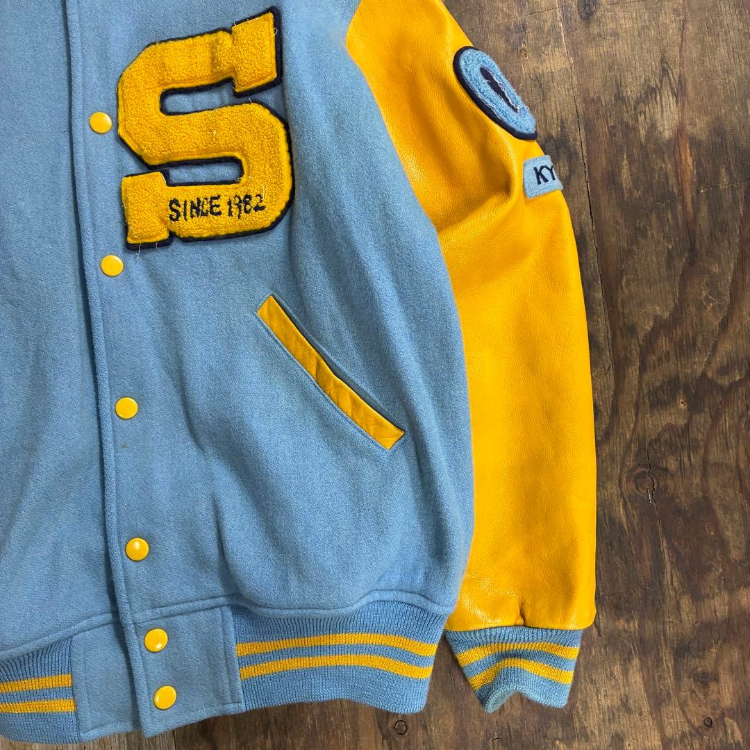 80s スタジャン バーシティ ジャケット ブルー VINTAGE 日本製 本革