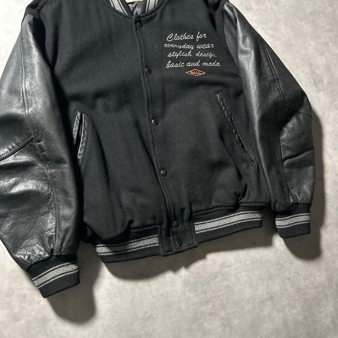 BALL BASIC ブラック レザー 刺繍 カレッジロゴ デザイン スタジャン