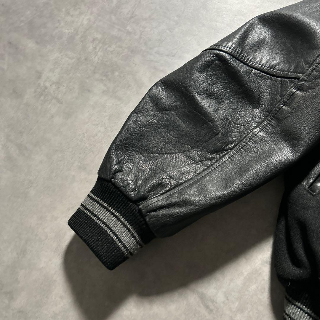 BALL BASIC ブラック レザー 刺繍 カレッジロゴ デザイン スタジャン