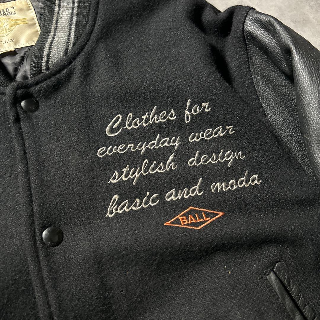 BALL BASIC ブラック レザー 刺繍 カレッジロゴ デザイン スタジャン