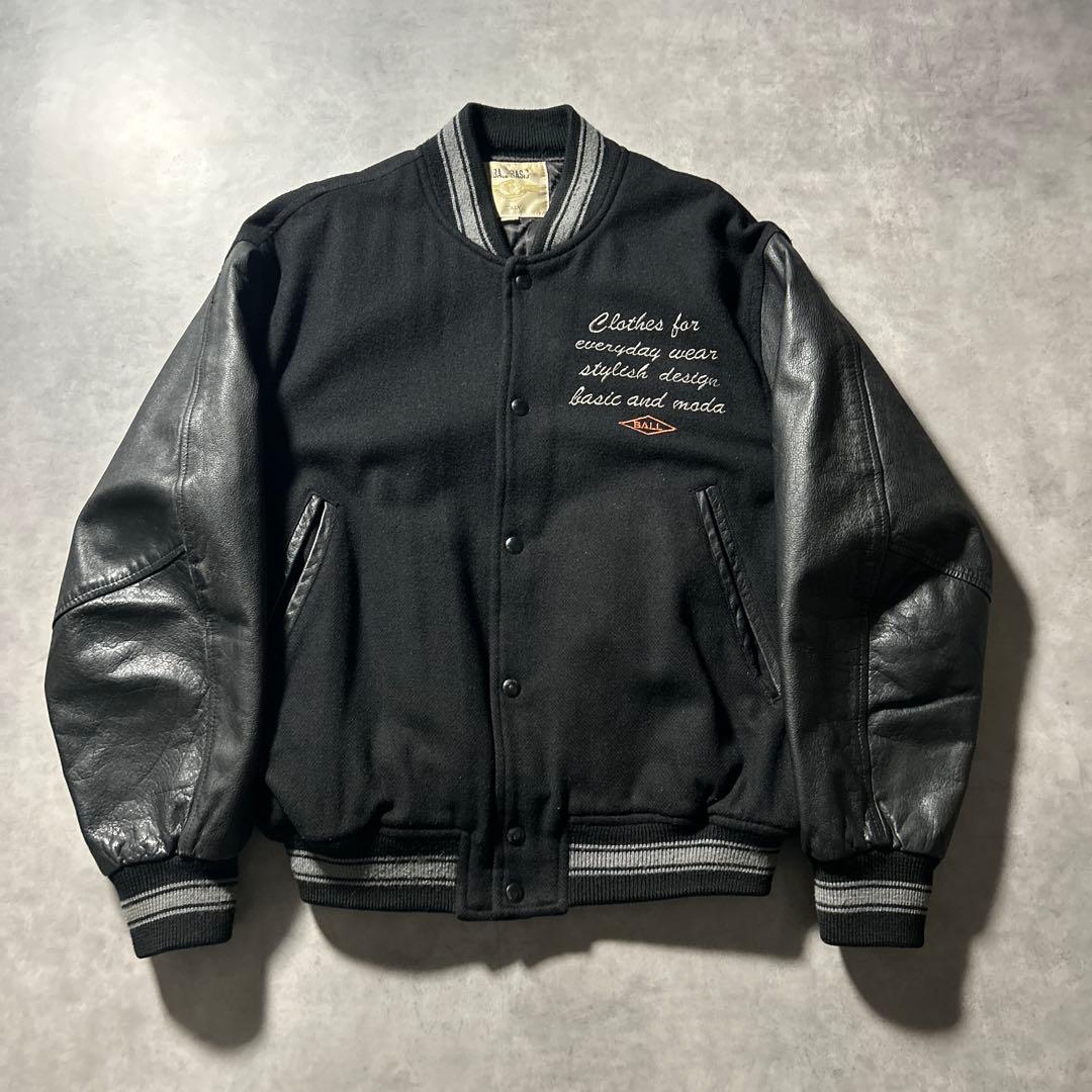 BALL BASIC ブラック レザー 刺繍 カレッジロゴ デザイン スタジャン