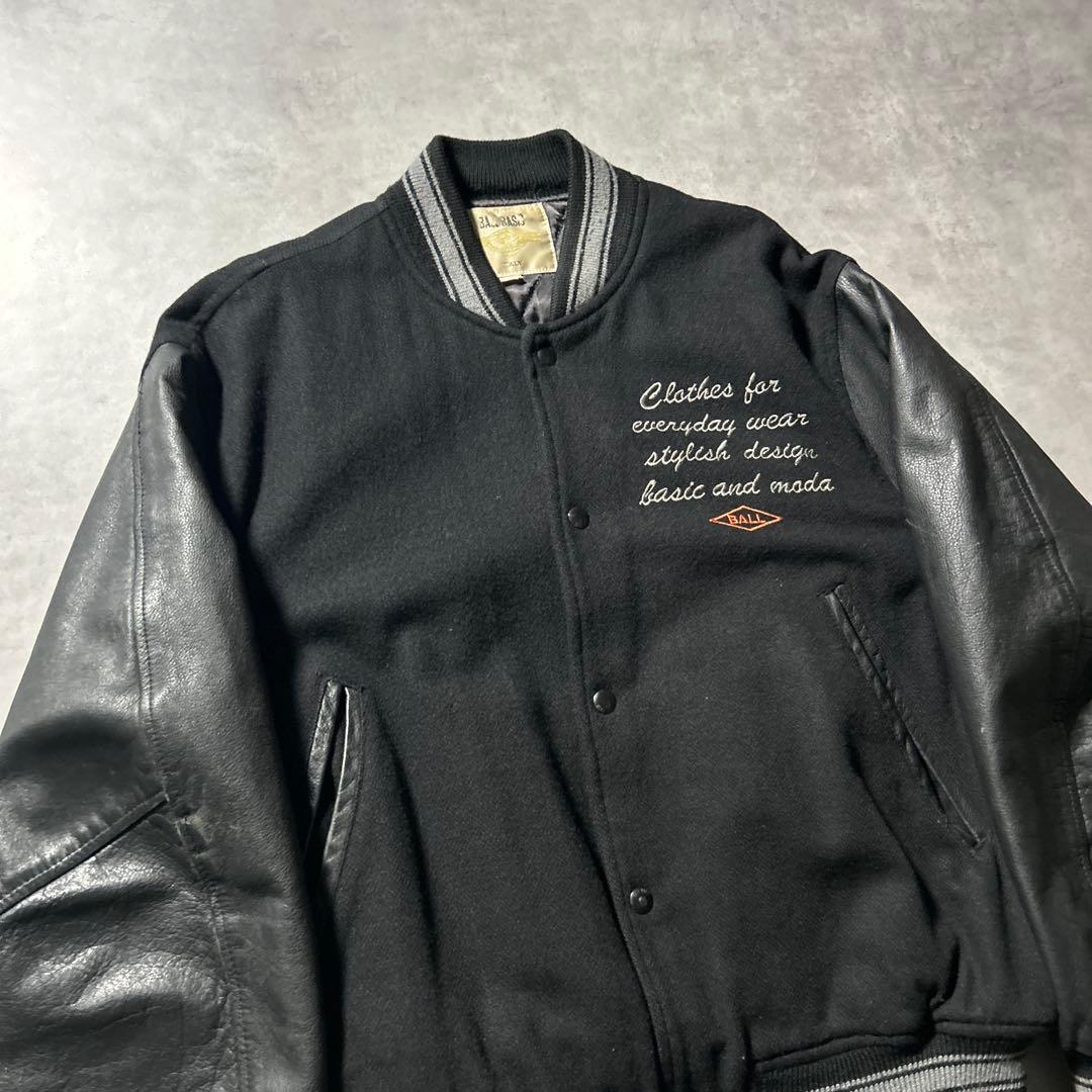 BALL BASIC ブラック レザー 刺繍 カレッジロゴ デザイン スタジャン