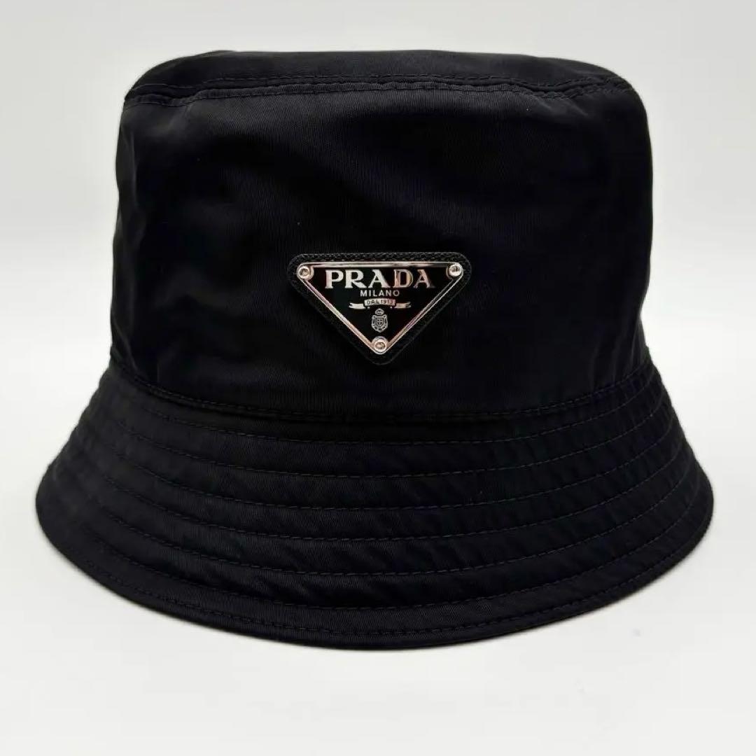 極美品 プラダ バケットハット ロゴプレート ナイロン ブラック
