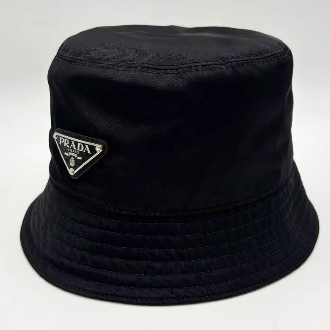 極美品 プラダ バケットハット ロゴプレート ナイロン ブラック