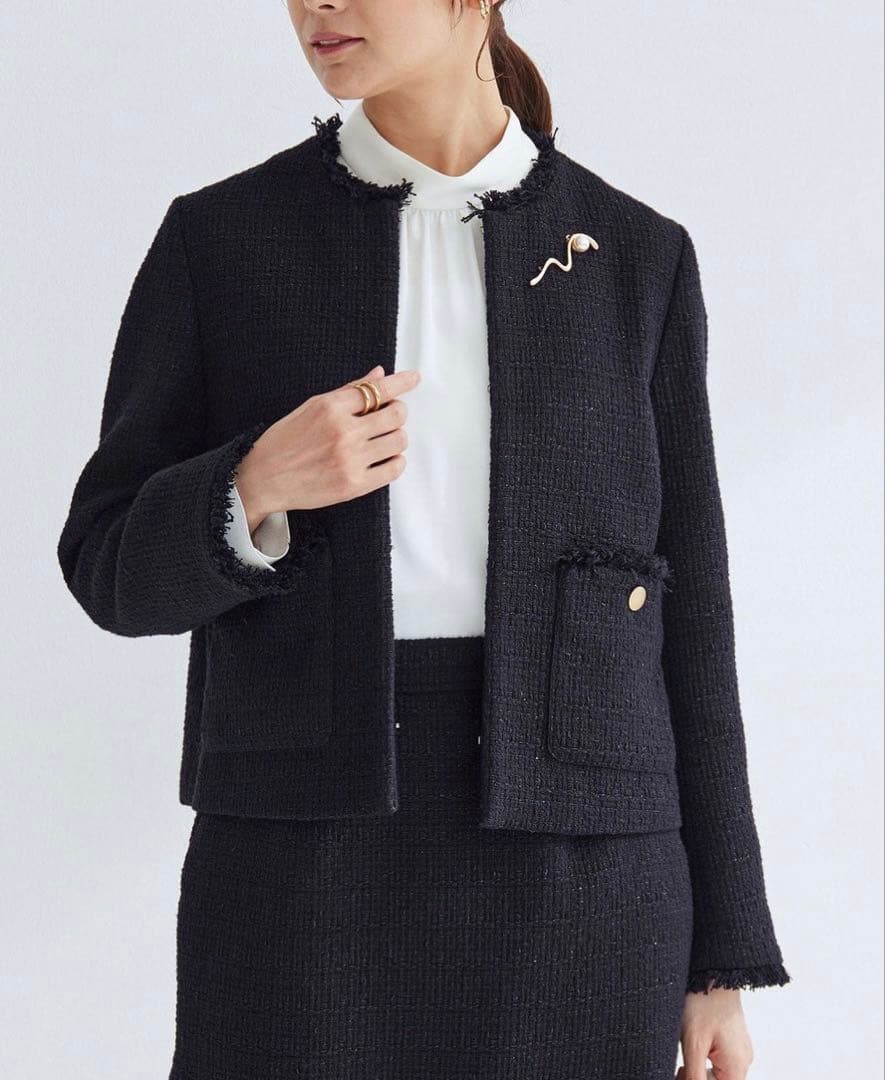 green label relaxingツイードライク ノーカラー ジャケット黒
