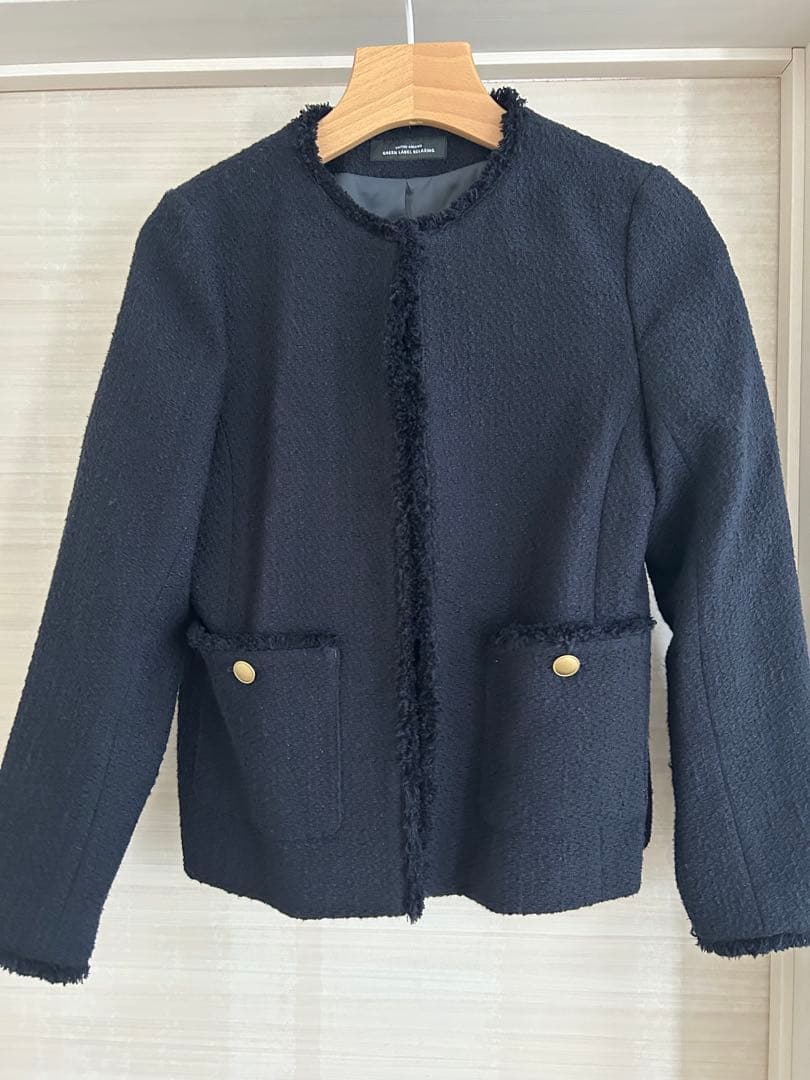 green label relaxingツイードライク ノーカラー ジャケット黒