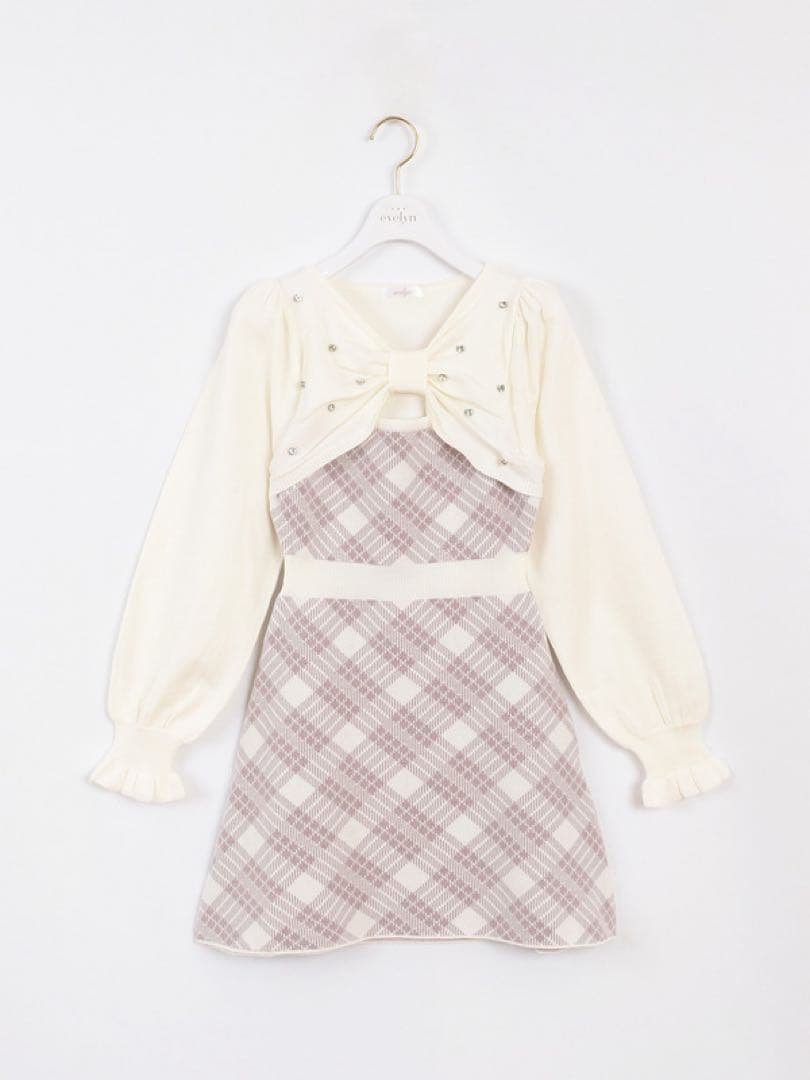 evelyn 長袖チェックリボンニット ピンク