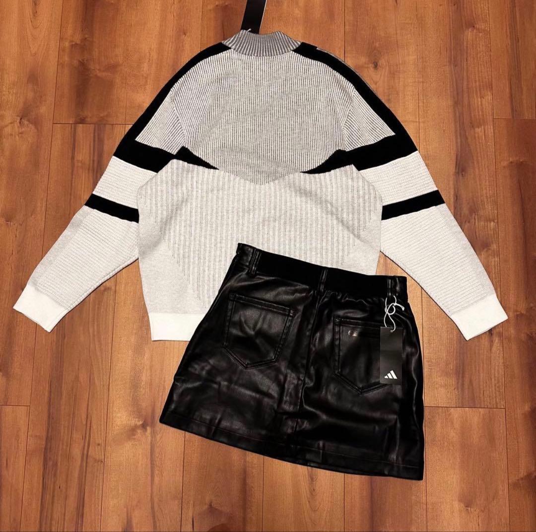 モックネック　ビックシルエット　長袖　ニット　レザースカート　セットアップ　春秋