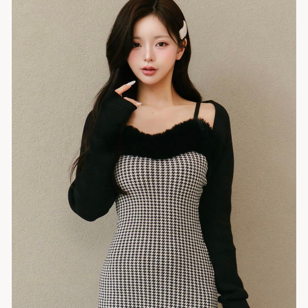 Darich アンサンブルチェックニットロングワンピース BLK FREE