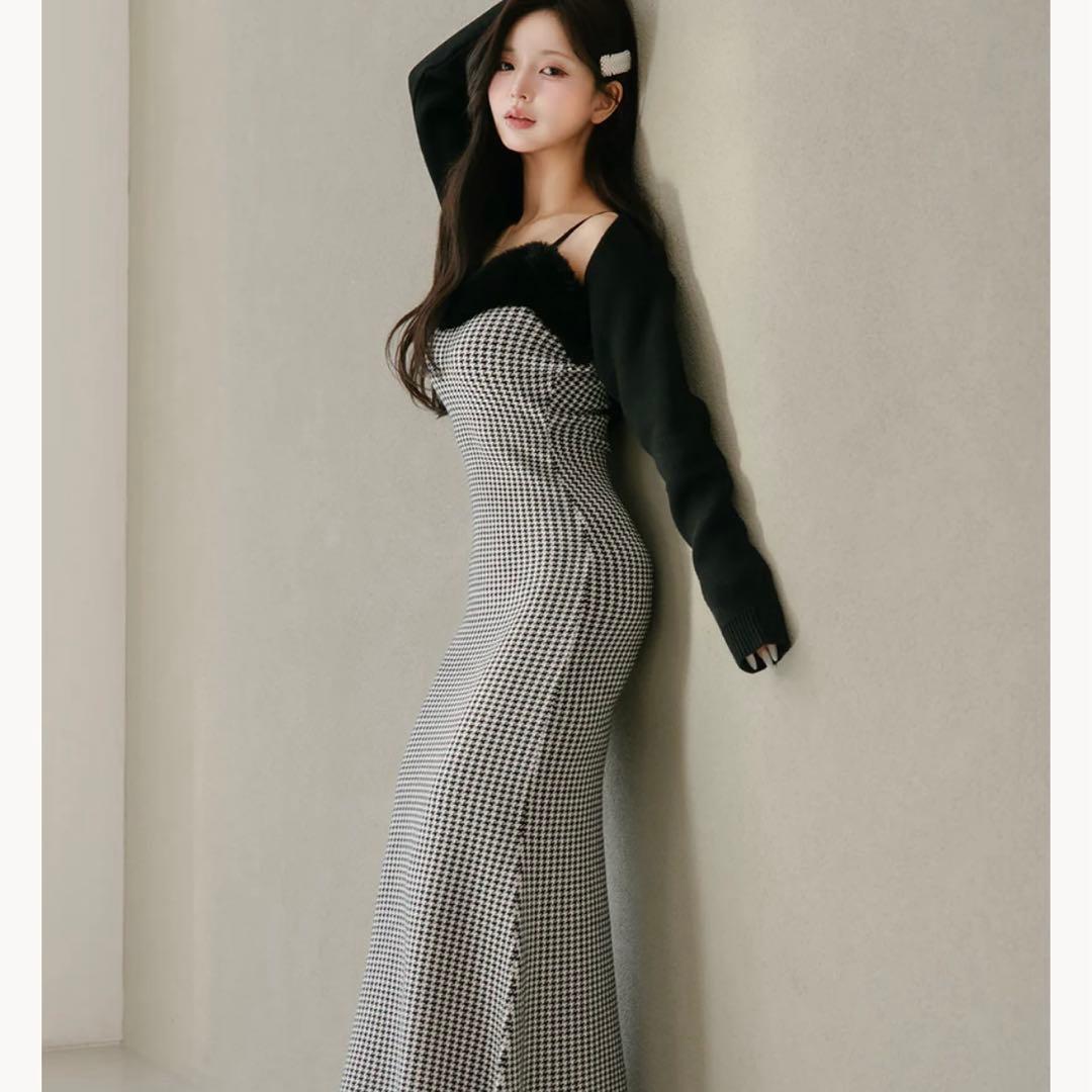 Darich アンサンブルチェックニットロングワンピース BLK FREE
