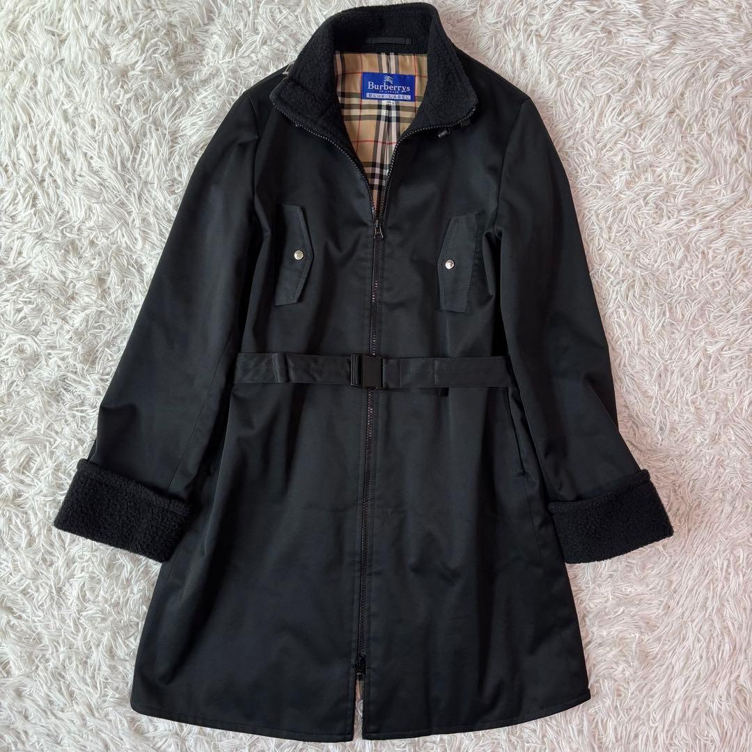 バーバリーブルーレーベル ロングコート ノバチェック ボア ダブルジップ ベルト