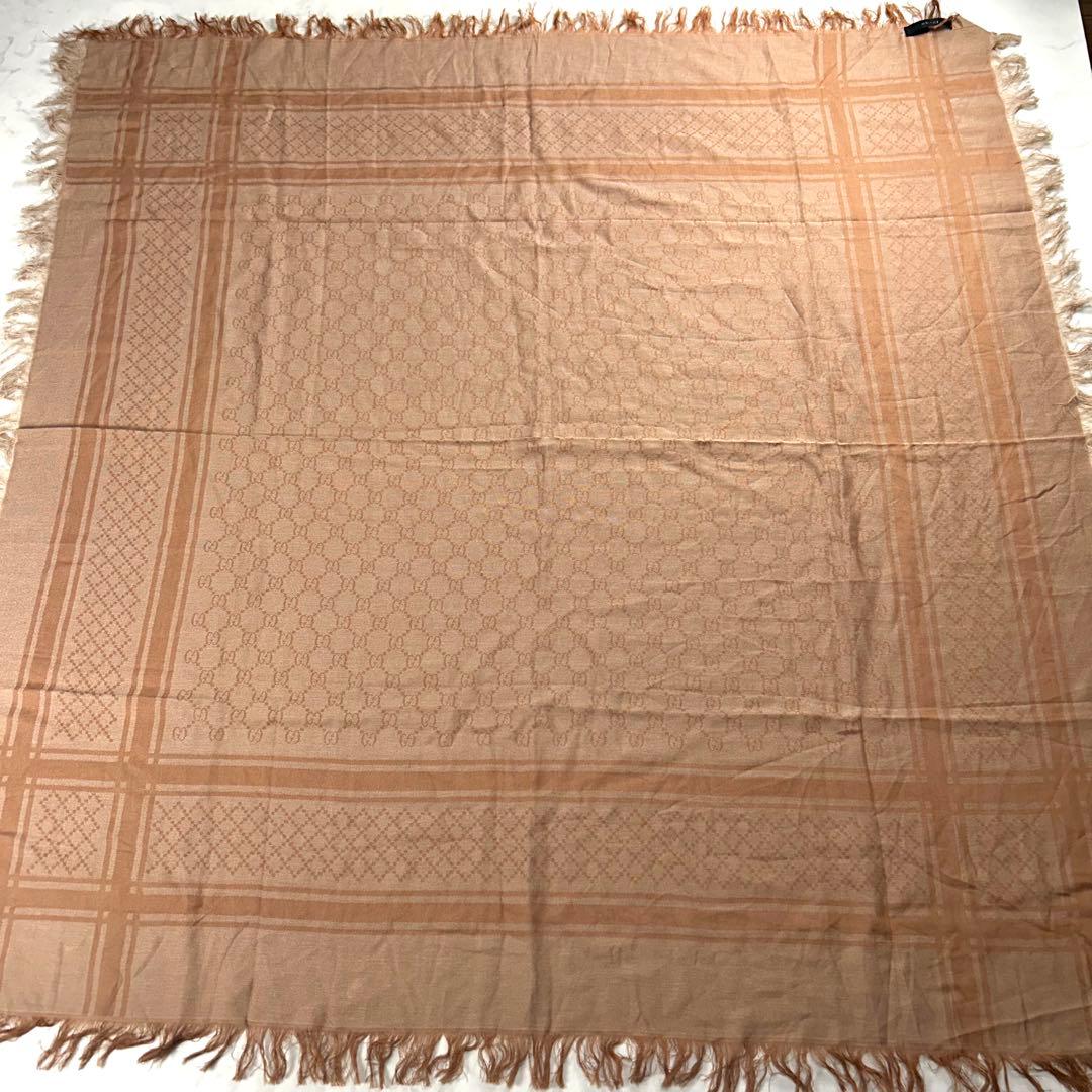 グッチ 大判 ショールストール GG柄 コットン100 フリンジ ピンク 総柄