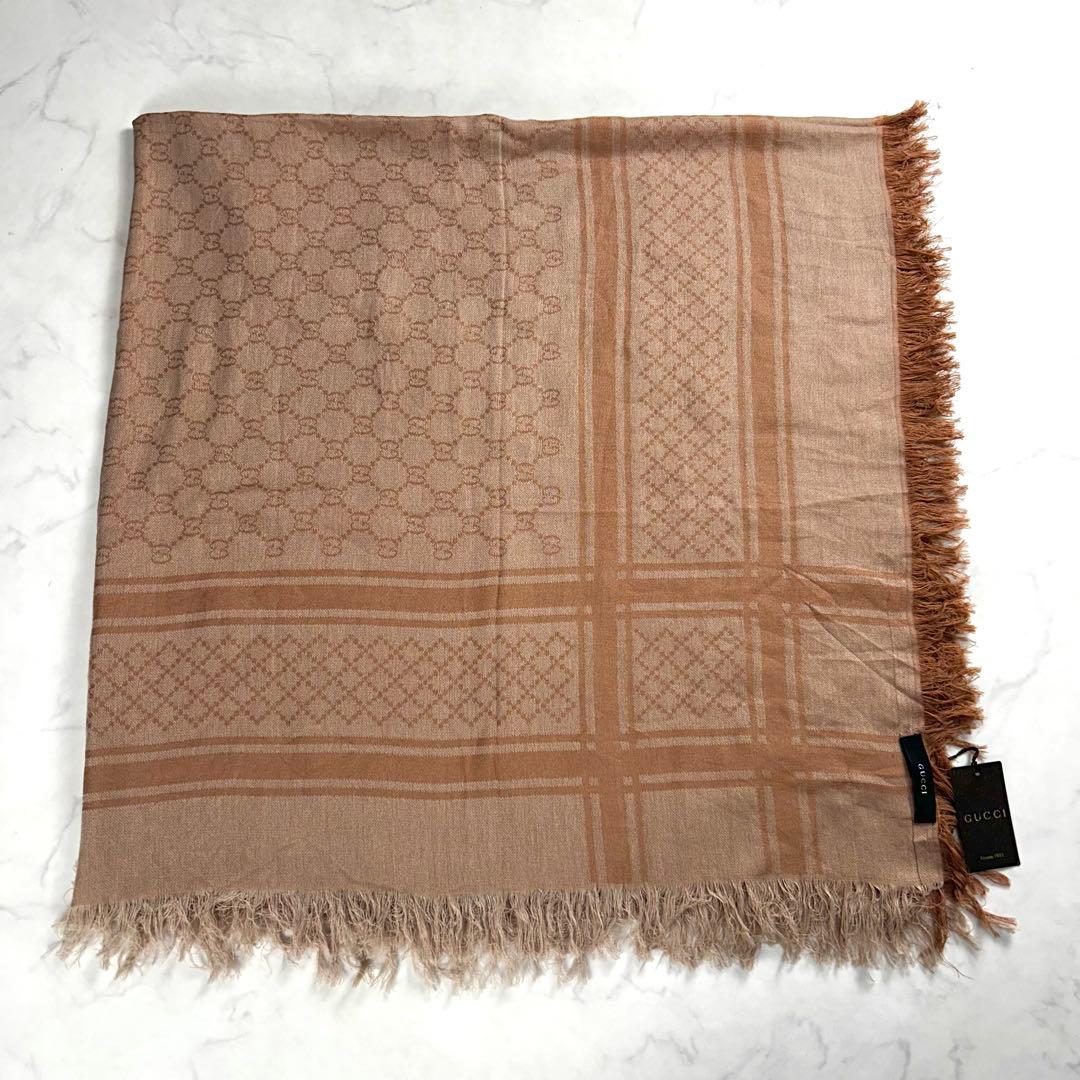 グッチ 大判 ショールストール GG柄 コットン100 フリンジ ピンク 総柄