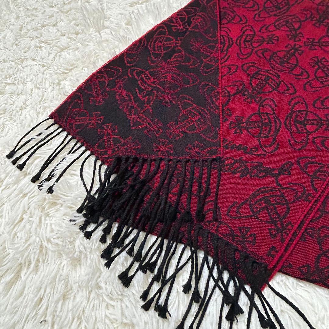 ヴィヴィアンウエストウッド　フリンジマフラー　オーブ総柄　レッド×ブラック　希少