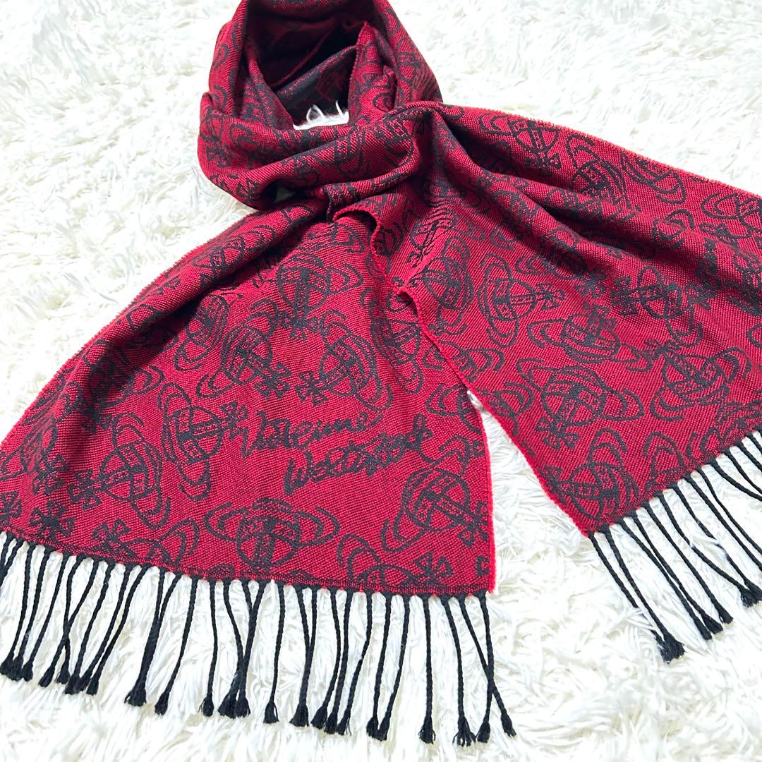 ヴィヴィアンウエストウッド　フリンジマフラー　オーブ総柄　レッド×ブラック　希少