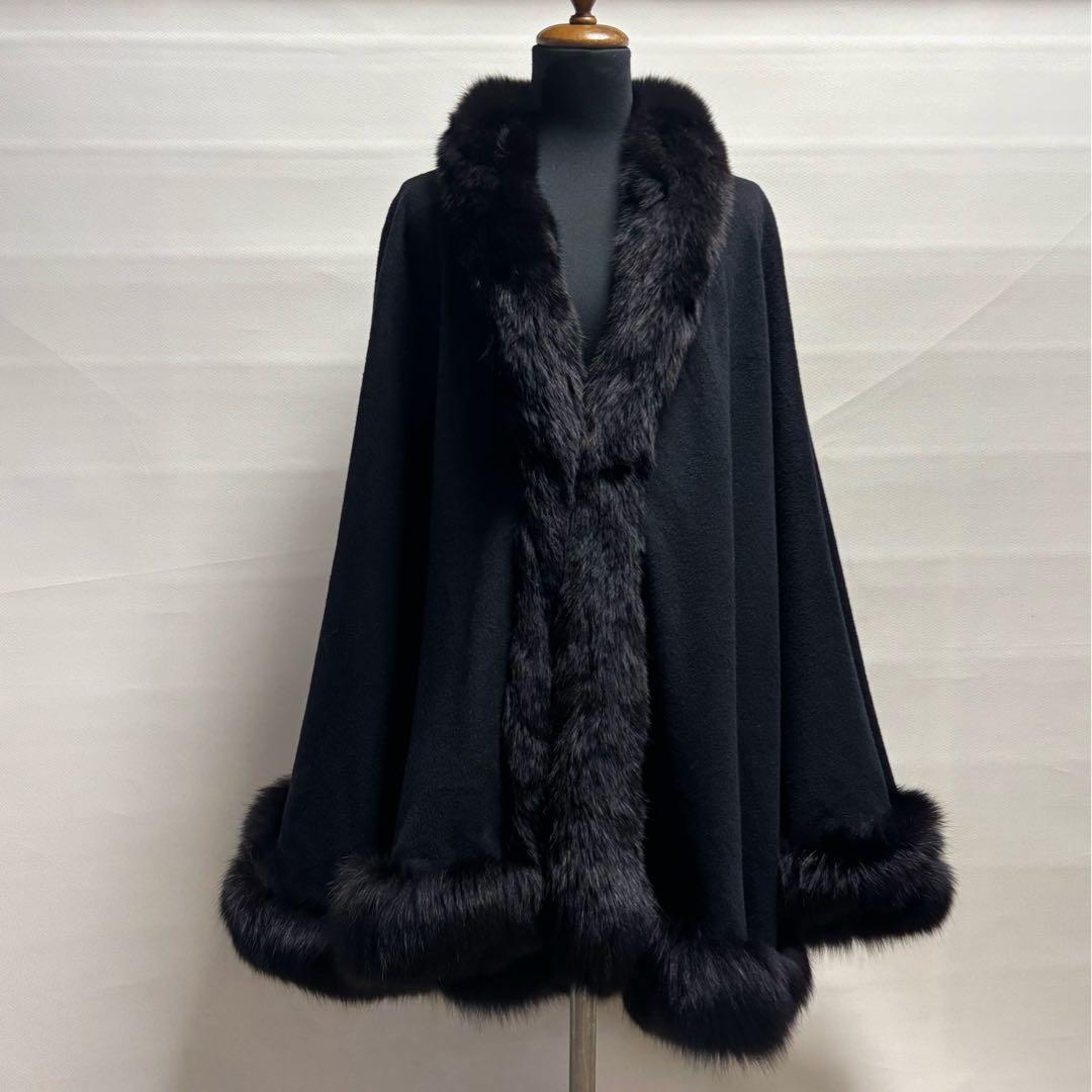 カシミヤケープマント フォックストリミング ロング丈 ブラック レディース