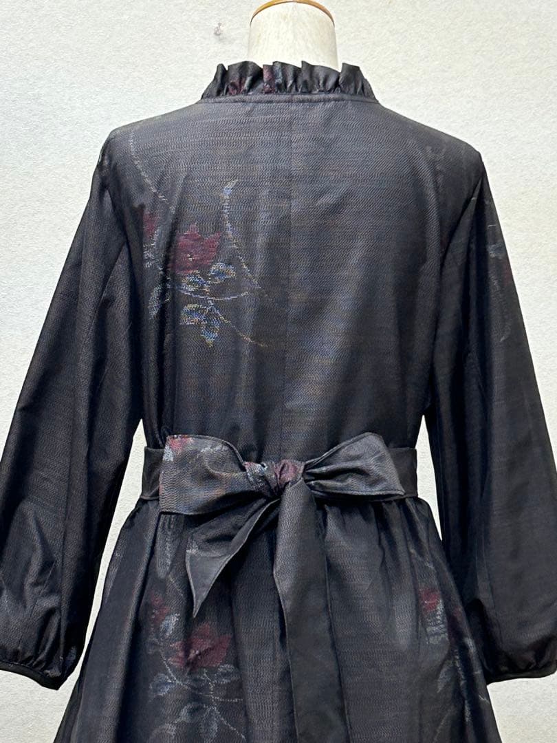 着物リメイク　大島紬ワンピース　前ボタン Lサイズ