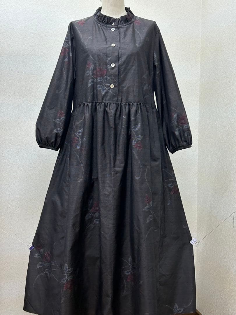 着物リメイク　大島紬ワンピース　前ボタン Lサイズ