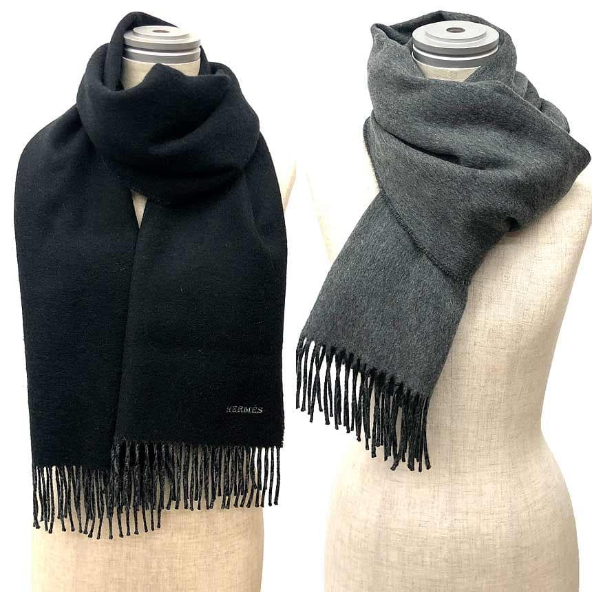 HERMES カシミヤ マフラー ブラック グレー aq12290