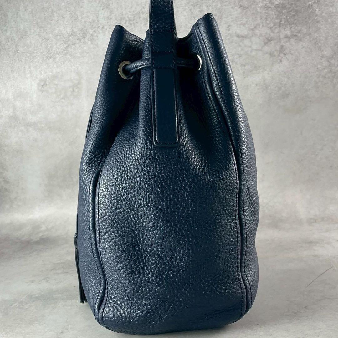 極美品✨土屋鞄 クラルテ 巾着 ギャザーショルダー バッグ ネイビー フリンジ