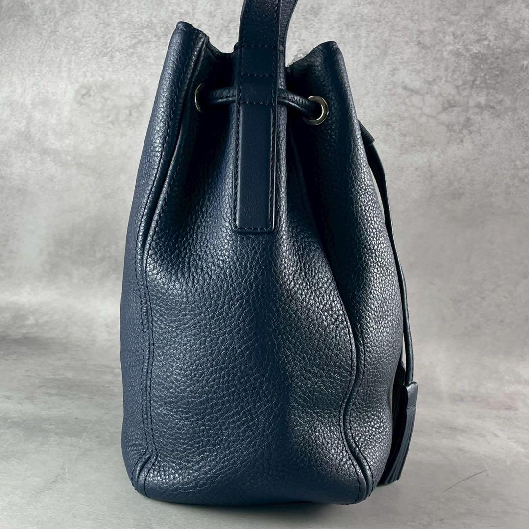 極美品✨土屋鞄 クラルテ 巾着 ギャザーショルダー バッグ ネイビー フリンジ