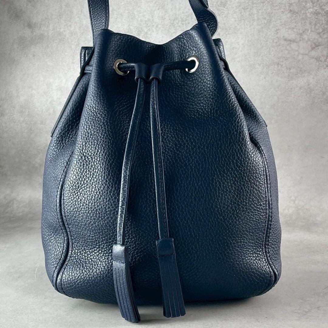 極美品✨土屋鞄 クラルテ 巾着 ギャザーショルダー バッグ ネイビー フリンジ