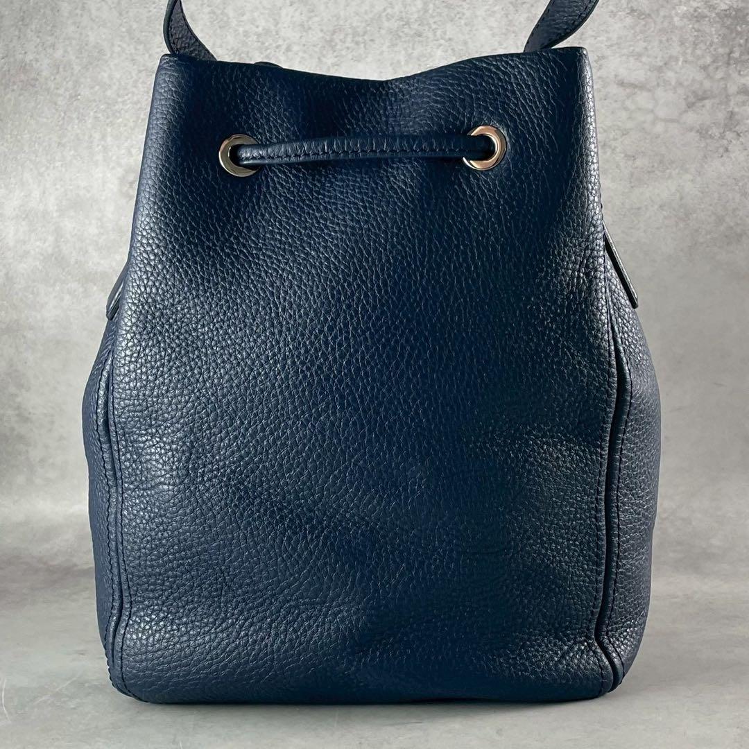 極美品✨土屋鞄 クラルテ 巾着 ギャザーショルダー バッグ ネイビー フリンジ