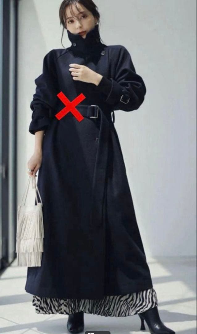 【ベルト無】anuans アニュアンス　ウールロングトレンチコート ネイビー