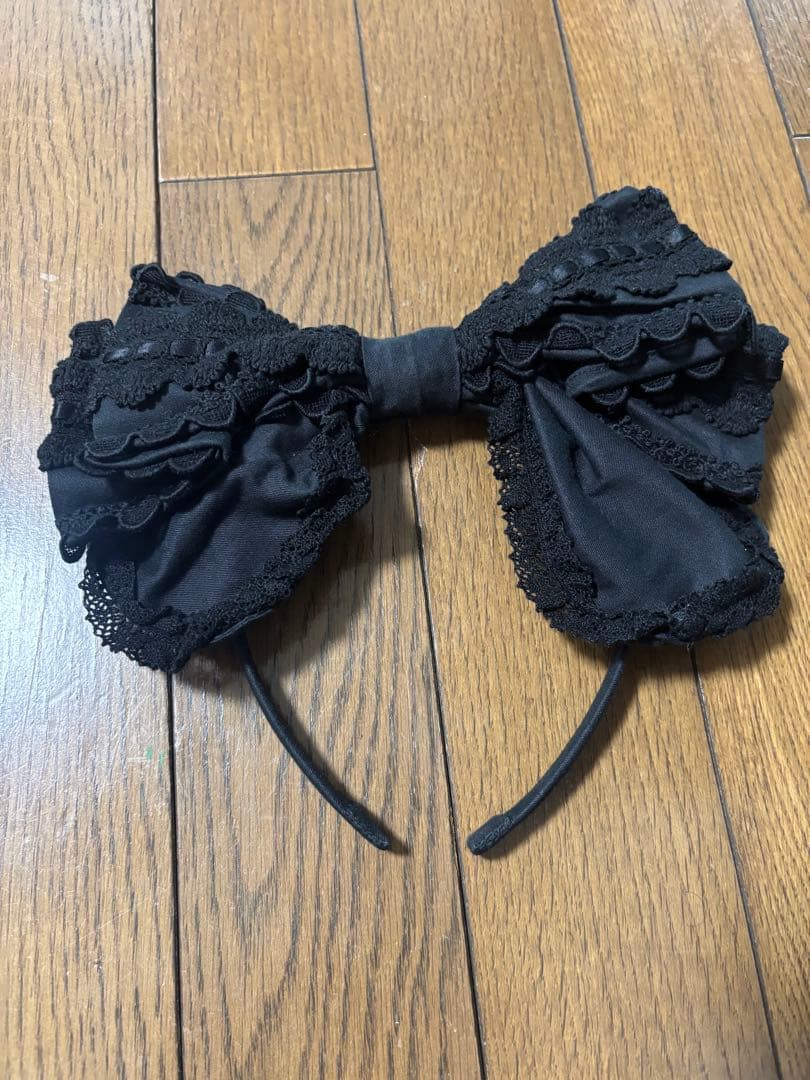 BABY,KC はしごレースのリボンカチューシャ 黒Ｘ黒