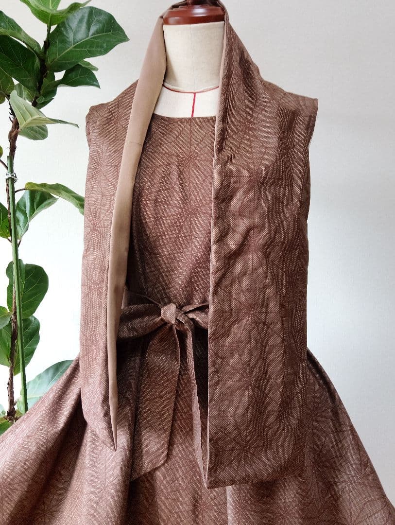 着物リメイク✤大島紬フレアーワンピース✤レンガ色正絹ストールリボン2本付き