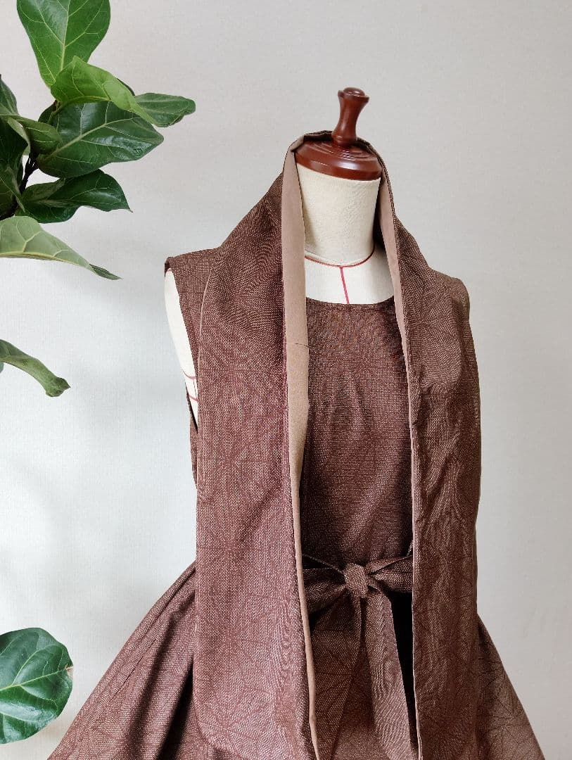 着物リメイク✤大島紬フレアーワンピース✤レンガ色正絹ストールリボン2本付き