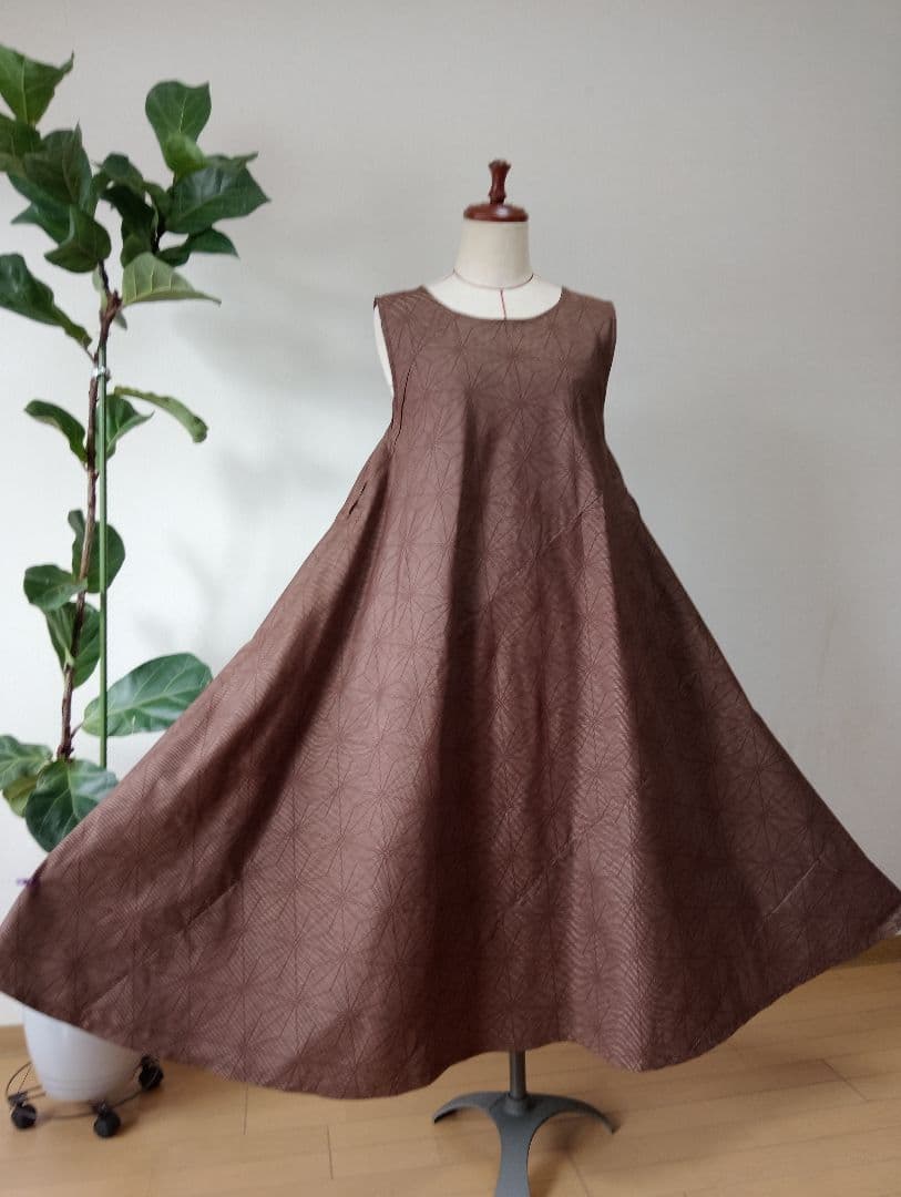 着物リメイク✤大島紬フレアーワンピース✤レンガ色正絹ストールリボン2本付き