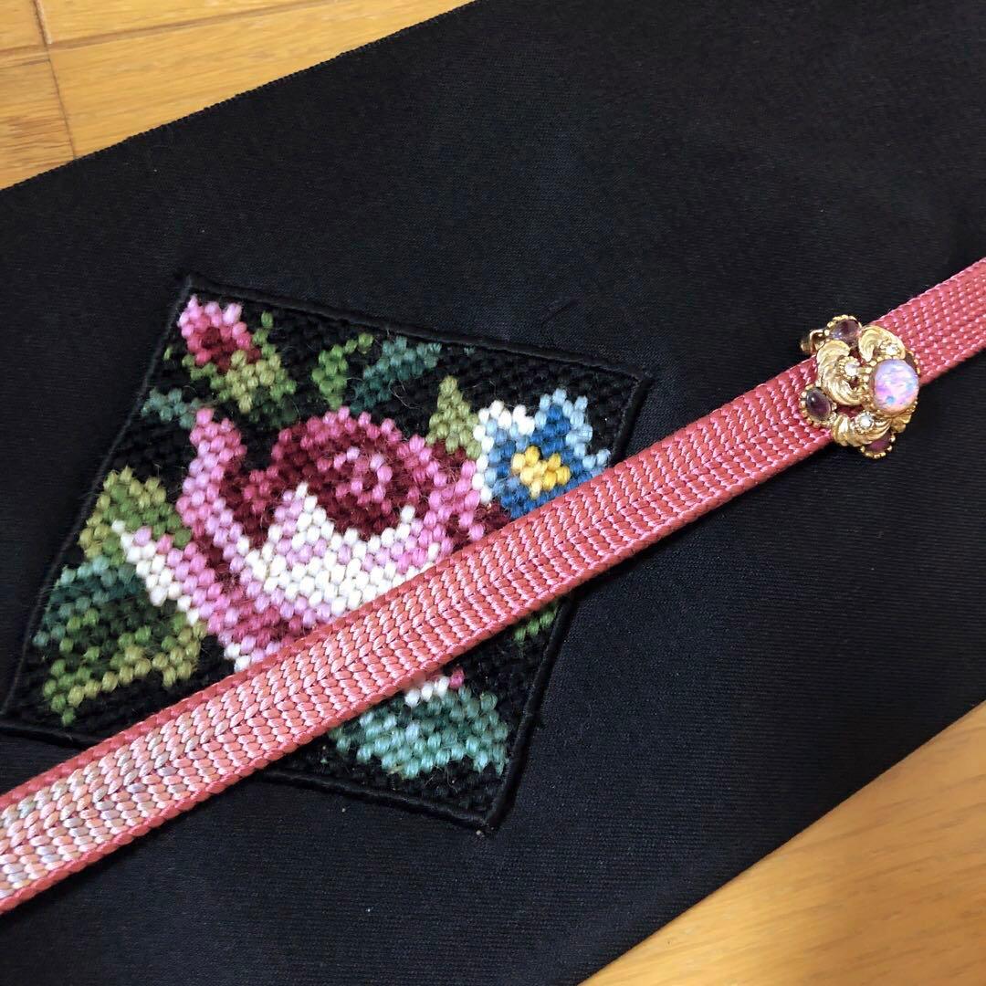 ヴィンテージ正絹名古屋帯カットワーククロスステッチ＋帯締め＋帯揚げ＋帯留