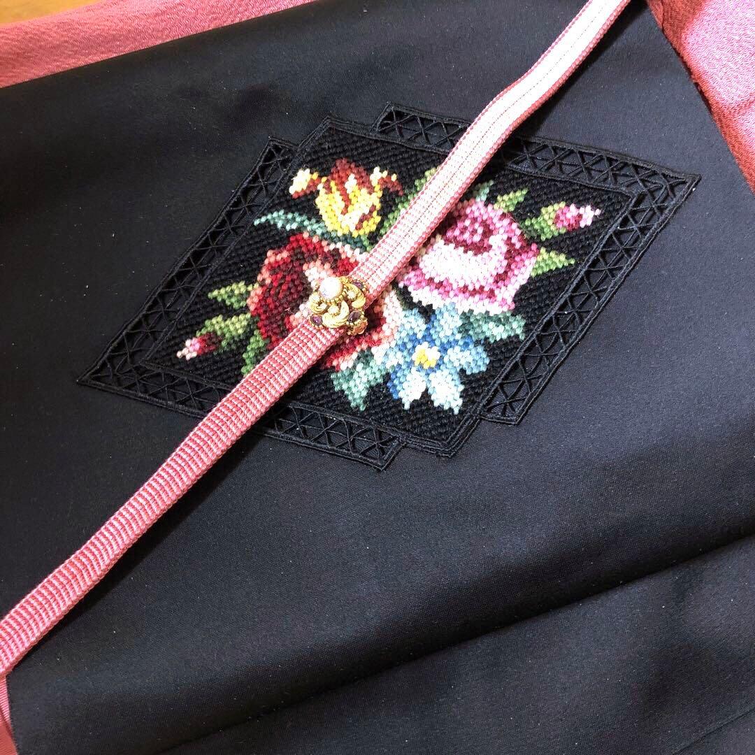 ヴィンテージ正絹名古屋帯カットワーククロスステッチ＋帯締め＋帯揚げ＋帯留