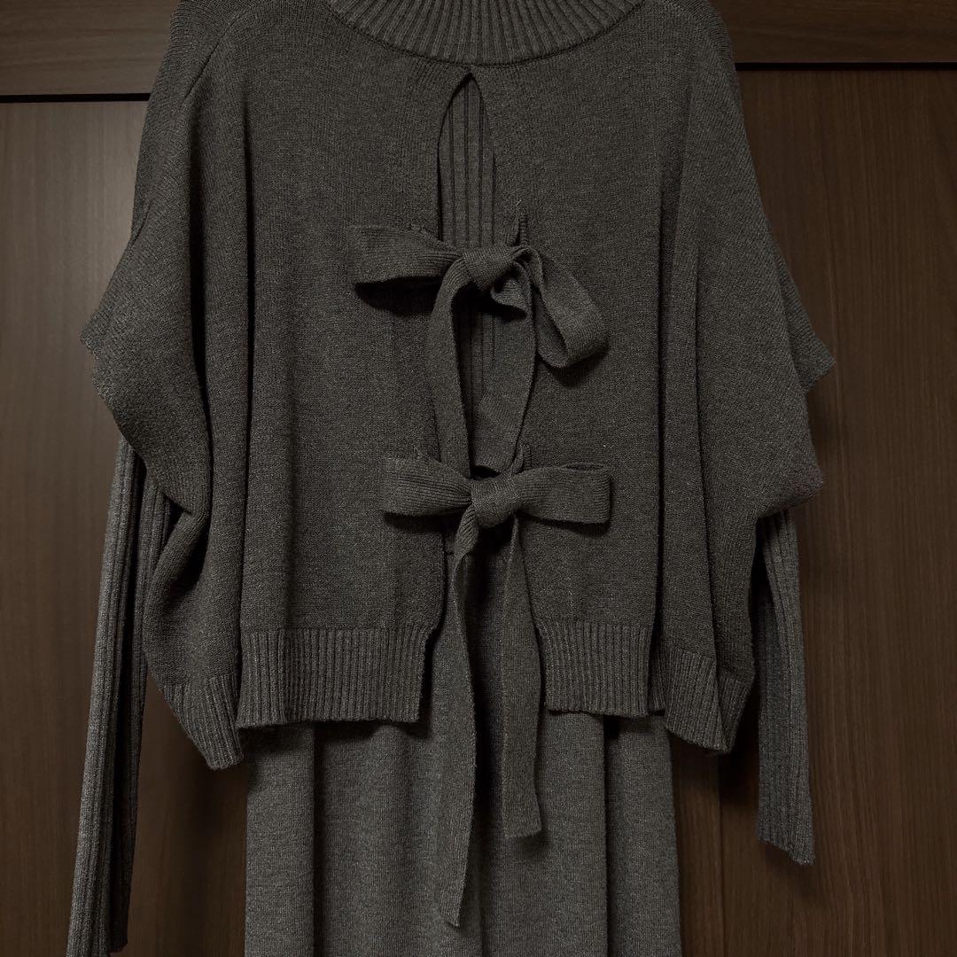 ニットベスト＆ワンピース レイヤードセット リボン ダークグレー マタニティ