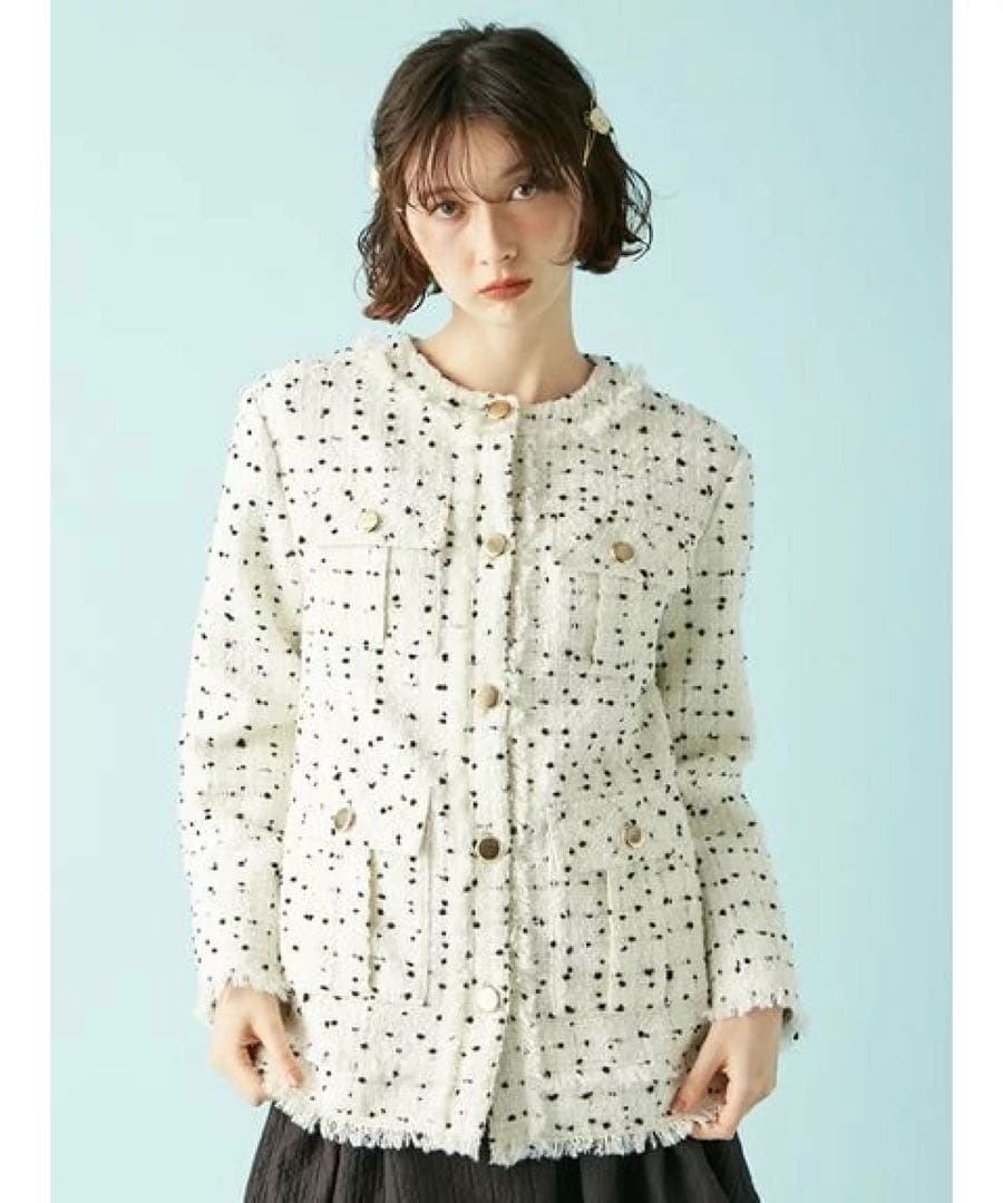 ノーカラーツイードジャケット　リリーブラウン